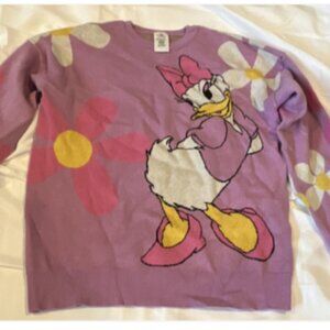Disney Daisy Duck Purple Floral Graphic Pullover Sweater S Knit Crew Neck